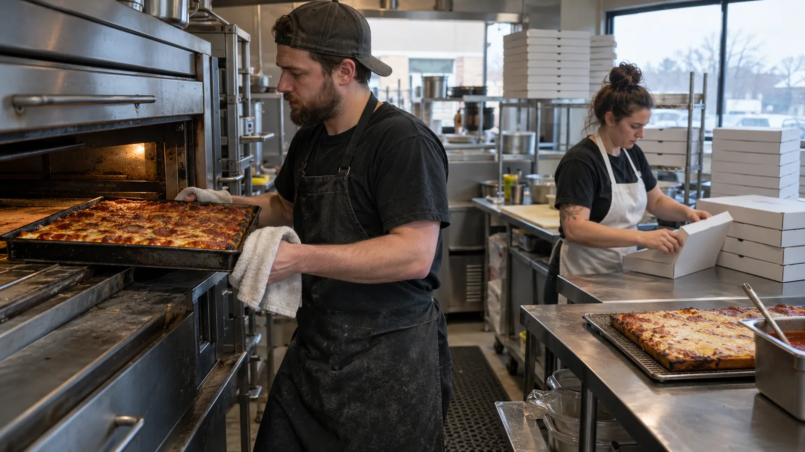 A cook in an apron pulls a square pan pizza from a deck oven in a busy restaurant kitchen while another cook folds pizza boxes