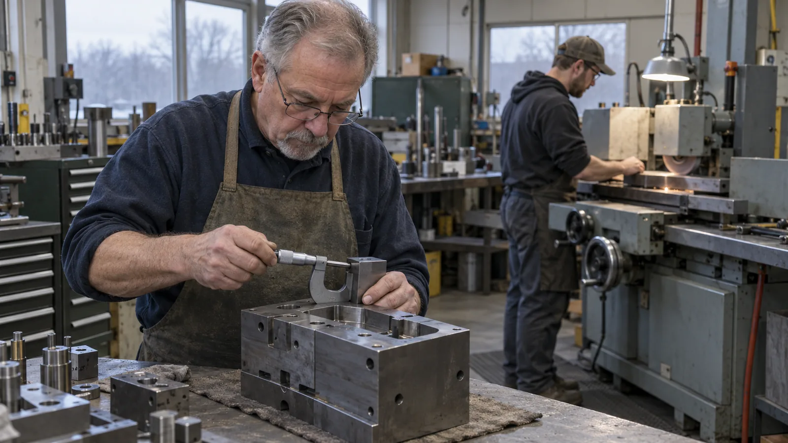 An older tool maker in a shop apron checks a steel die section with a micrometer while a younger machinist works at a surface grinder behind him